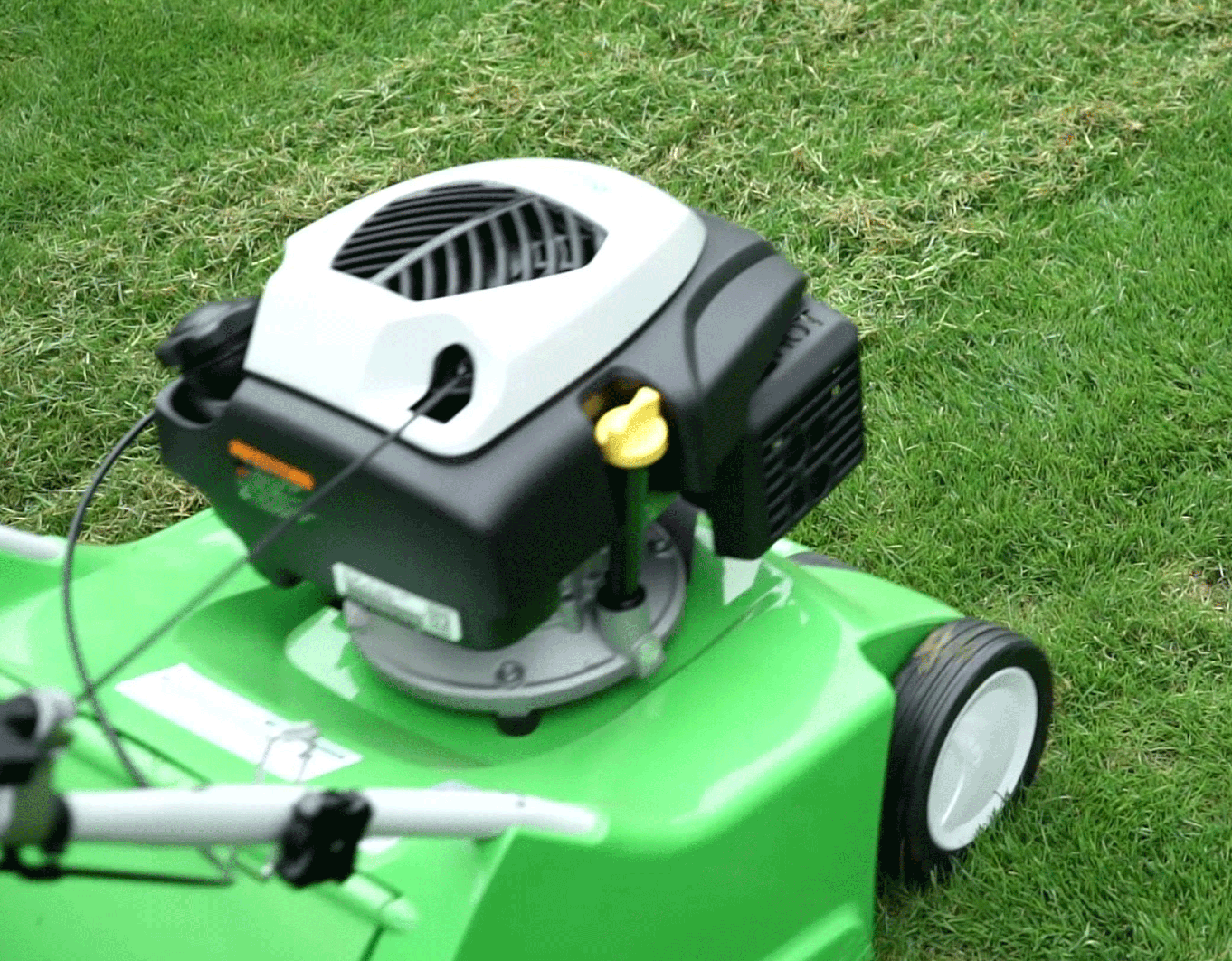 Grüner Vertikutierer auf einer Rasenfläche für die Rasenpflege.