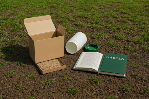 Rasensamen Packung mit Gartenbuch auf vorbereiteter Fläche, Samen Schwarzenberger